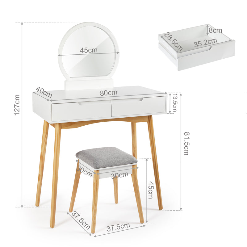 Meerveil  Dressing Table, White Color, with Round Mirror and Stool