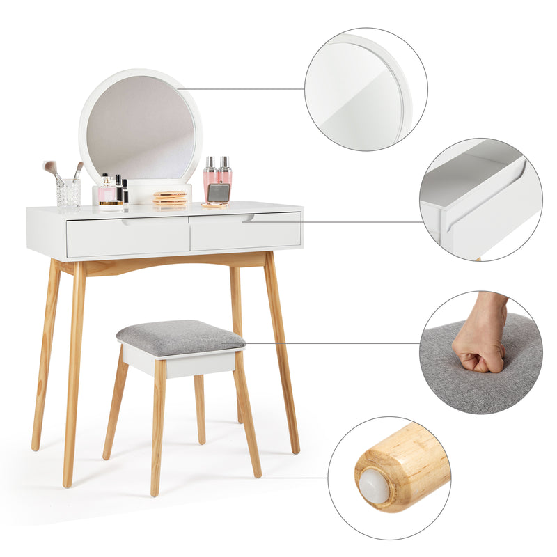 Dressing Table, White Color, with Round Mirror and Stool