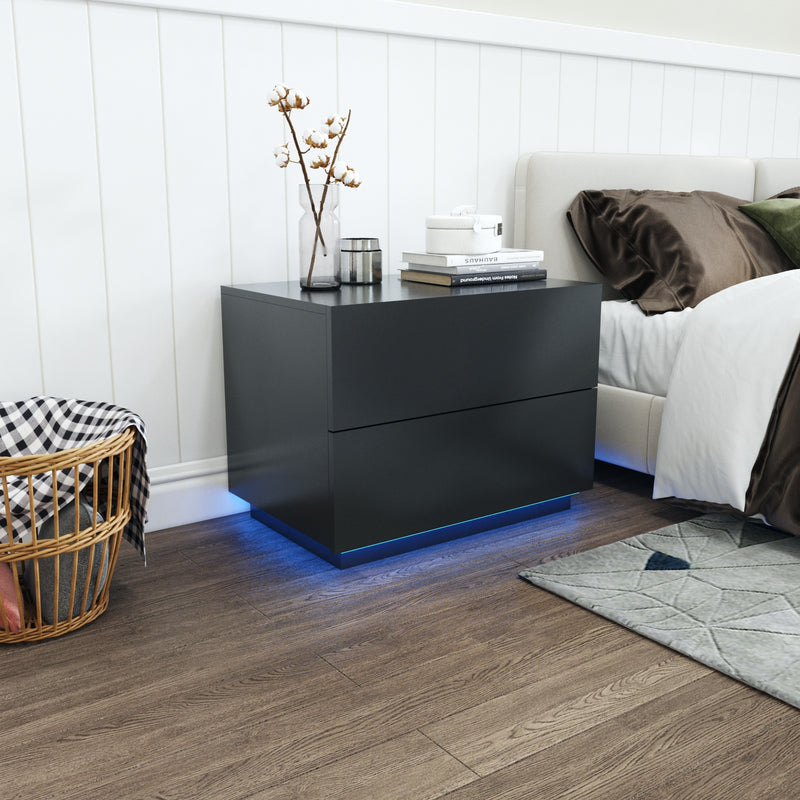 Bedside Table, LED Bedside Cabinet with 2 Drawers High Gloss with USB Light