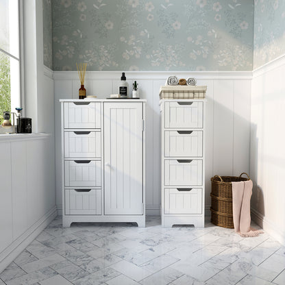 Meerveil Mueble de baño simple, color blanco, puerta única y 4 cajones