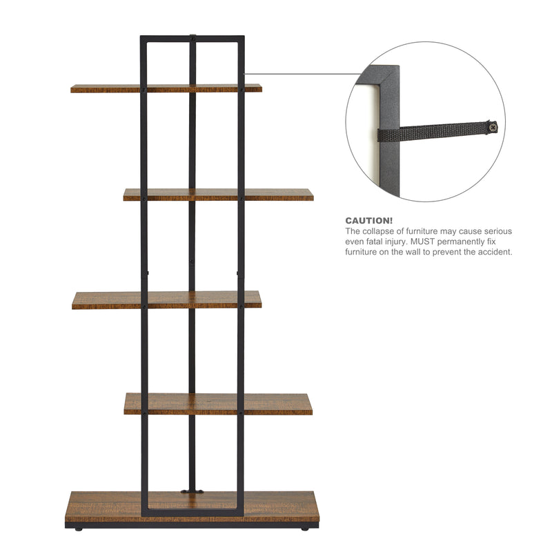 Bookcase, Brown, 5 Tier Asymmetric Split Level Storage Shelf