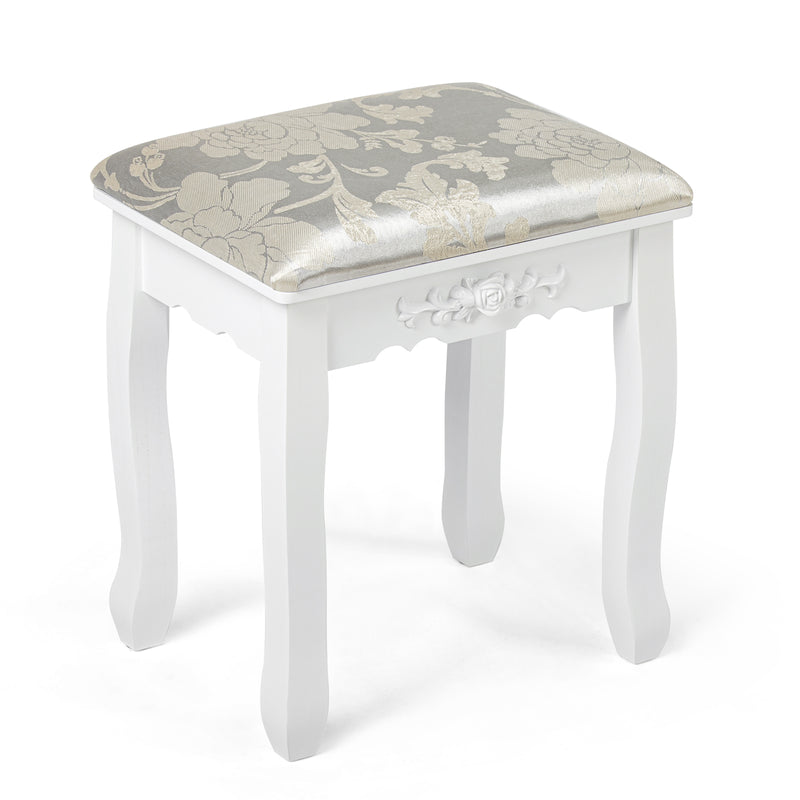 Dressing Table Stool, White Color, Padded Baroque Printing