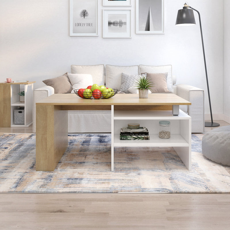 Wood Modern Coffee Table, White and Oak Color, Extendable Adjustable Direction
