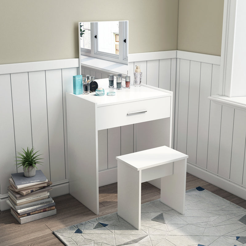 Modern Dressing Table Set, White Color, Providing Frameless Mirror and Stool