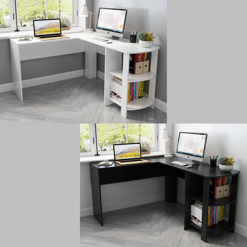 Black L-shaped Computer Corner Desk, with 2 Storage Shelves