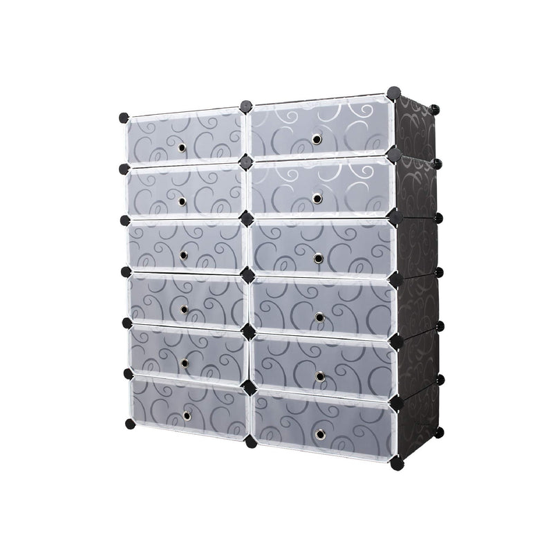 Meerveil DIY Étagère à chaussures multifonctionnelle en PP, 12 cubes, couleur noir / blanc