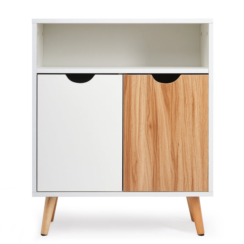 Storage Cabinet, White and Oak, with 2 Doors, Solid Wood Legs