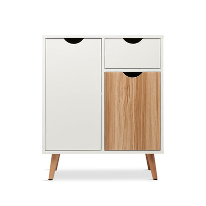 Meerveil Gabinete de almacenamiento moderno, color blanco y roble a juego, 2 puertas y un cajón