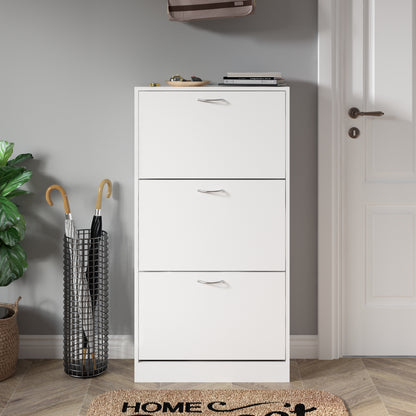 Modern Shoe Rack, Brown/Natural/White Color, 3 Drawer Flaps