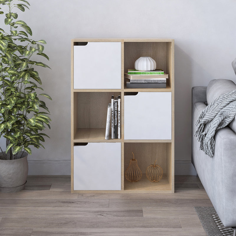 Bookcase,  White and Wood, Six Compartments with Three Doors