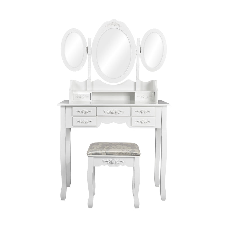 Meerveil Moderner Schminktisch, Farbe Weiß, mit 3 drehbaren Spiegeln und Hocker