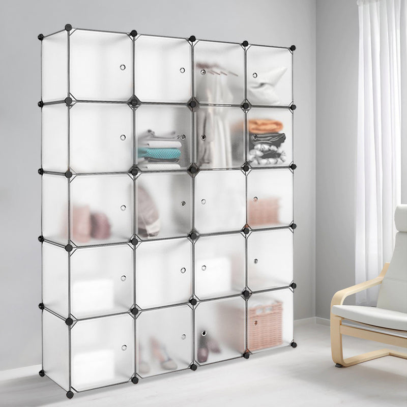 Bedroom PP Storage Wardrobe, 12 Cubes/20 Cubes, White and Transparent