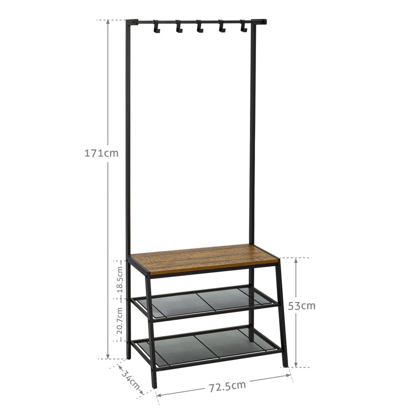 Hall Tree with Storage Bench, Equipped with Extra Two-layer Iron Mesh
