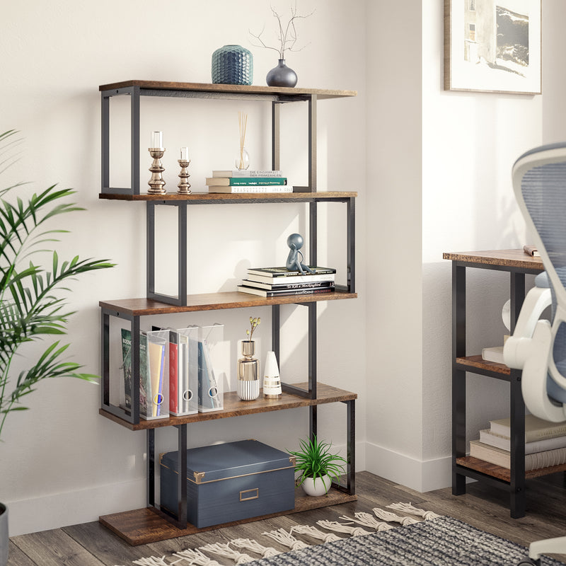 Bookcase, Standing Shelf with 4 Levels, Wooden S-Shaped Storage Shelf