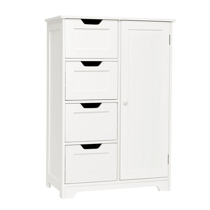 Meerveil Mueble de baño simple, color blanco, puerta única y 4 cajones