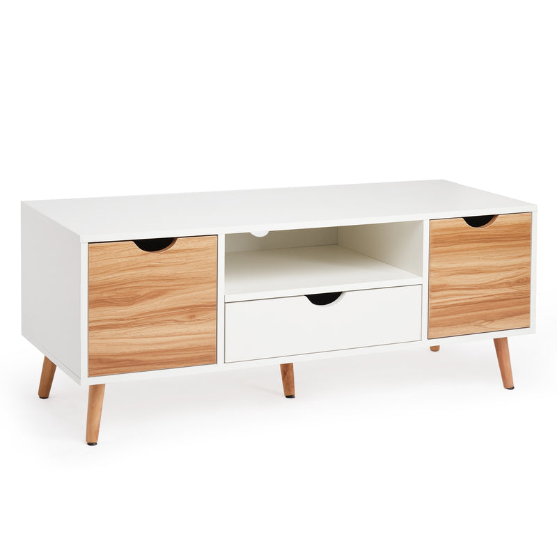 TV Cabinet, White and Oak, with 2 Shelves, 1 Drawer, 1 Shelf