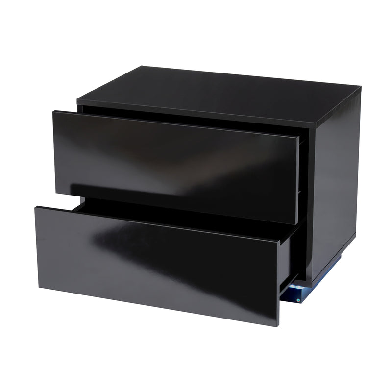 Bedside Table, LED Bedside Cabinet with 2 Drawers High Gloss with USB Light