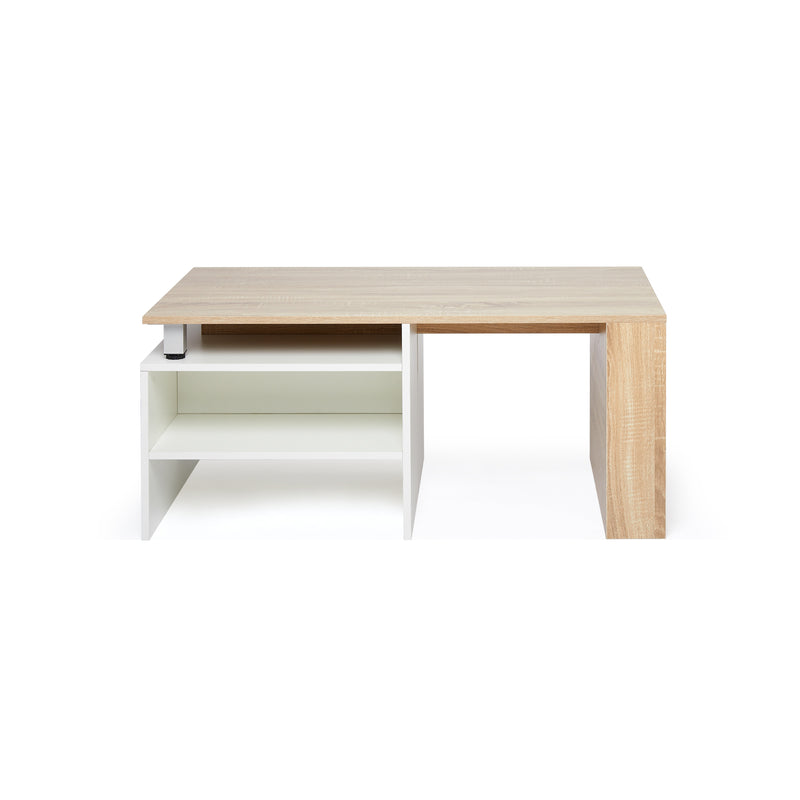 Wood Modern Coffee Table, White and Oak Color, Extendable Adjustable Direction