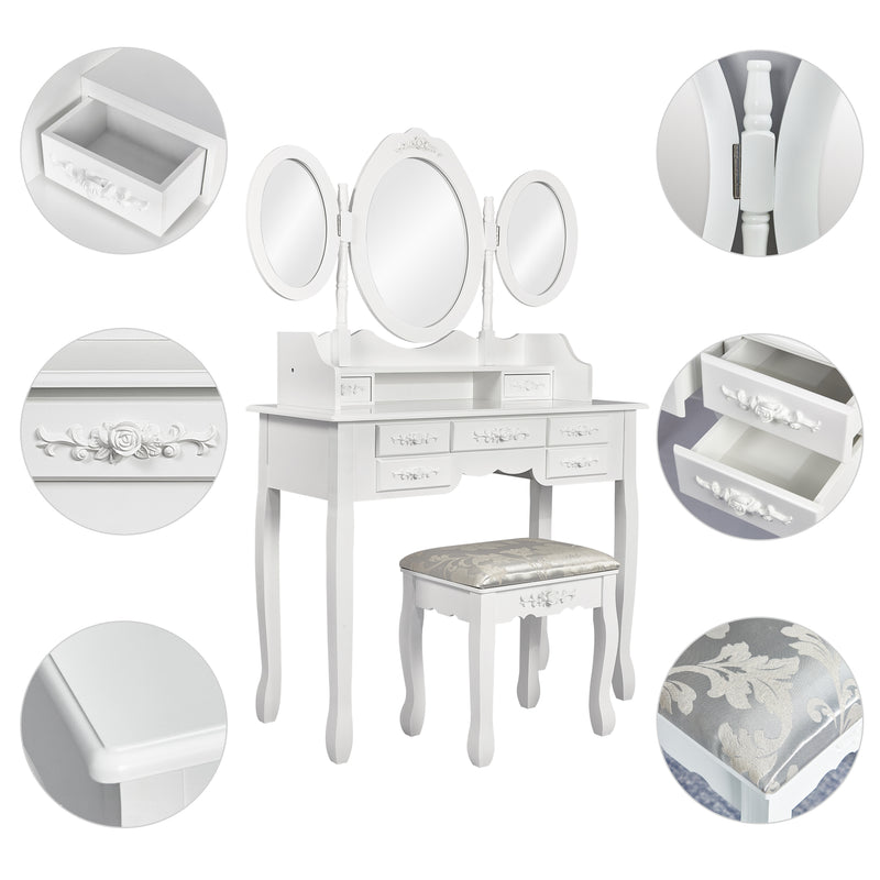 Modern Dressing Table, White Color, with 3 Rotating Mirrors and Stool