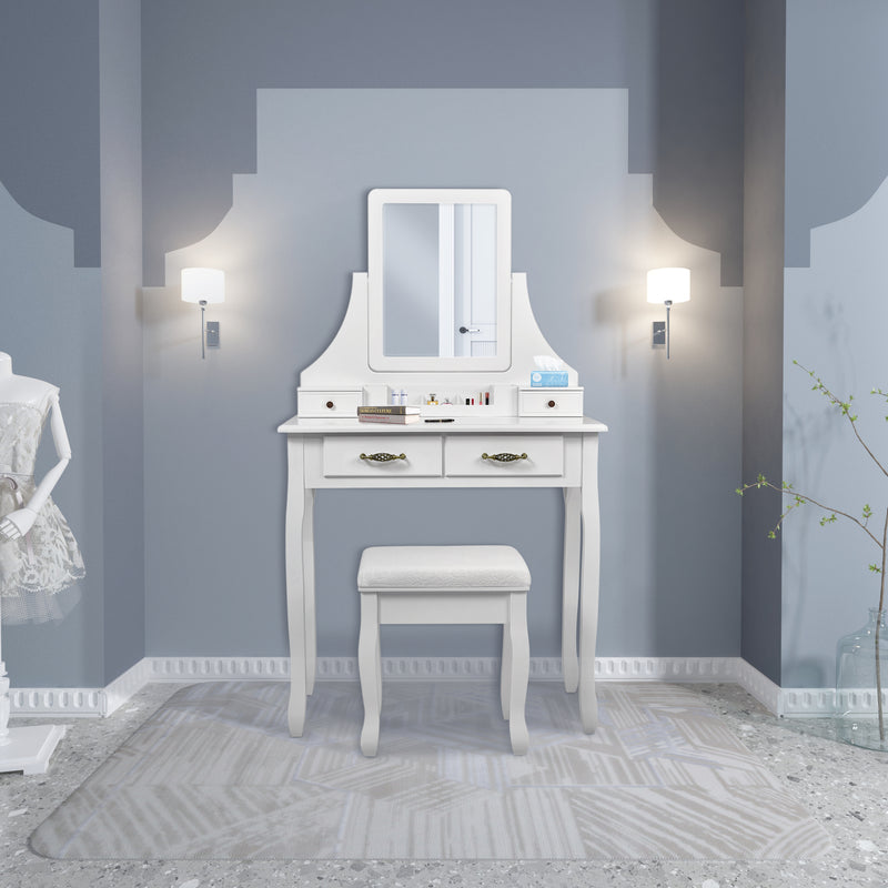 Coiffeuse classique Meerveil, couleur blanche, avec un grand miroir et un tabouret