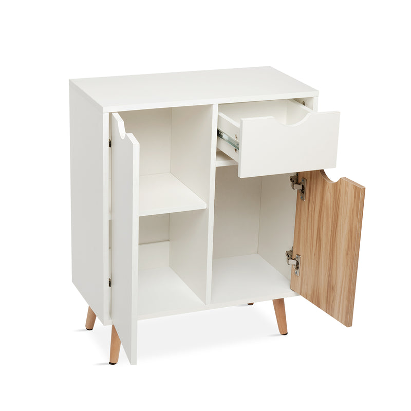 Modern Storage Cabinet, White and Oak Color Matching, 2 Doors and Single Drawer
