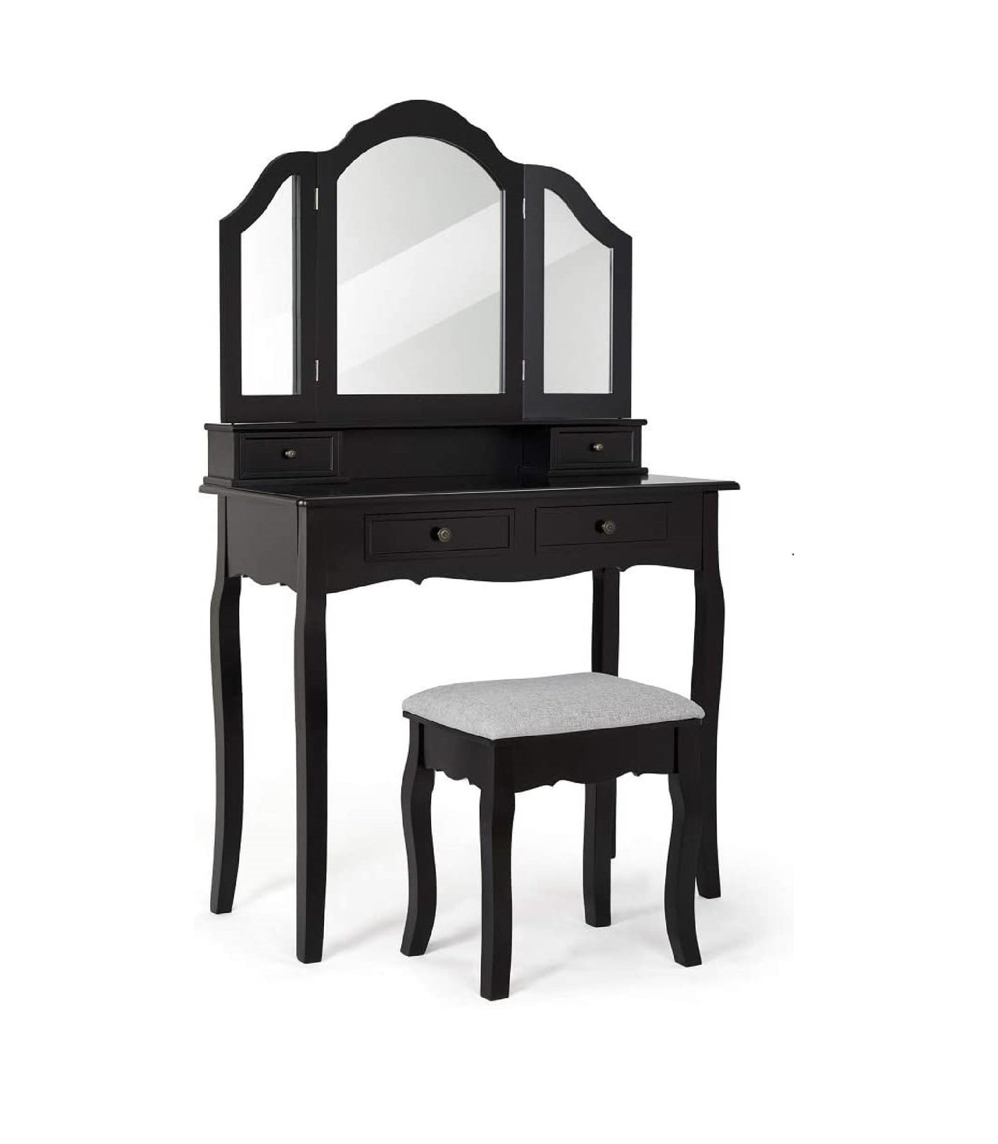 Meerveil Classic Schminktisch, schwarz/weiß, mit großem Spiegel, Schubladen und bedrucktem Hocker
