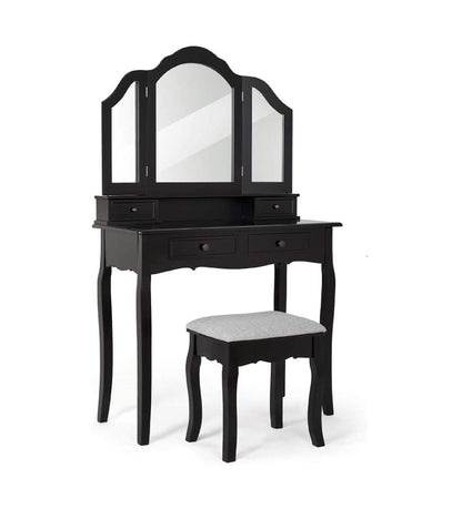 Meerveil Classic Schminktisch, schwarz/weiß, mit großem Spiegel, Schubladen und bedrucktem Hocker