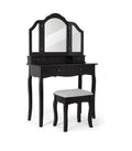 Coiffeuse classique Meerveil, couleur noir/blanc, offrant un grand miroir, des tiroirs et un tabouret imprimé