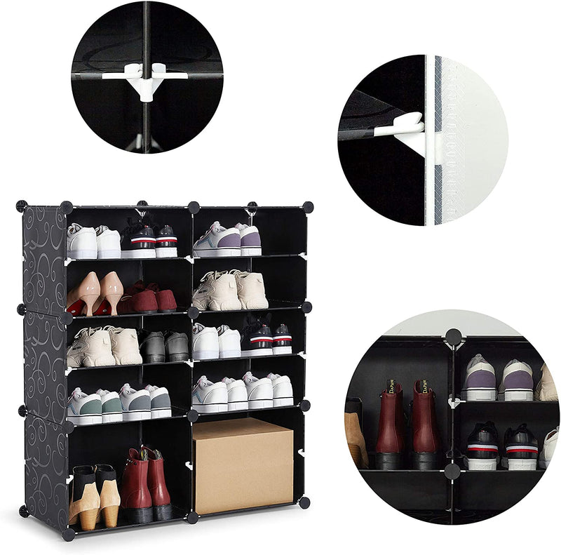 Meerveil DIY Étagère à chaussures multifonctionnelle en PP, 12 cubes, couleur noire / laiteuse