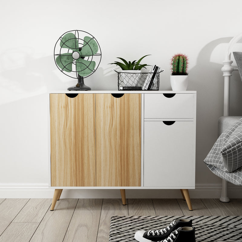 Modern Storage Cabinet, White and Oak Color Matching, 3 Doors and Single Drawer