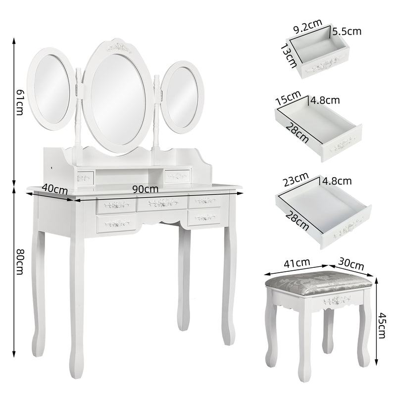 Meerveil Tocador moderno, color blanco, con 3 espejos giratorios y taburete