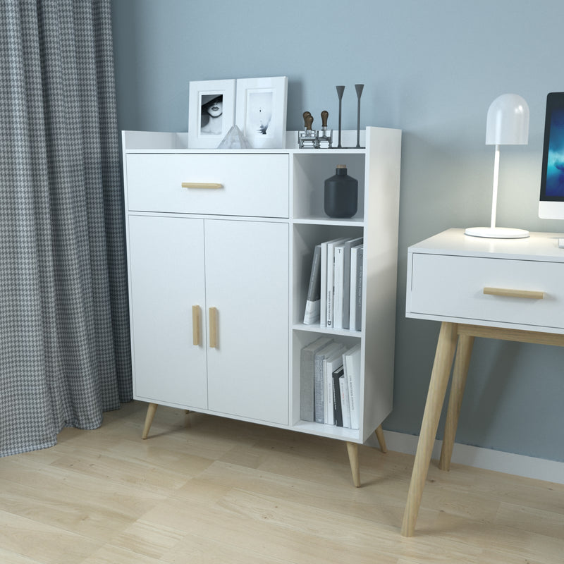 Modern Storage Cabinet, White Color, 2 Doors and Single Drawer