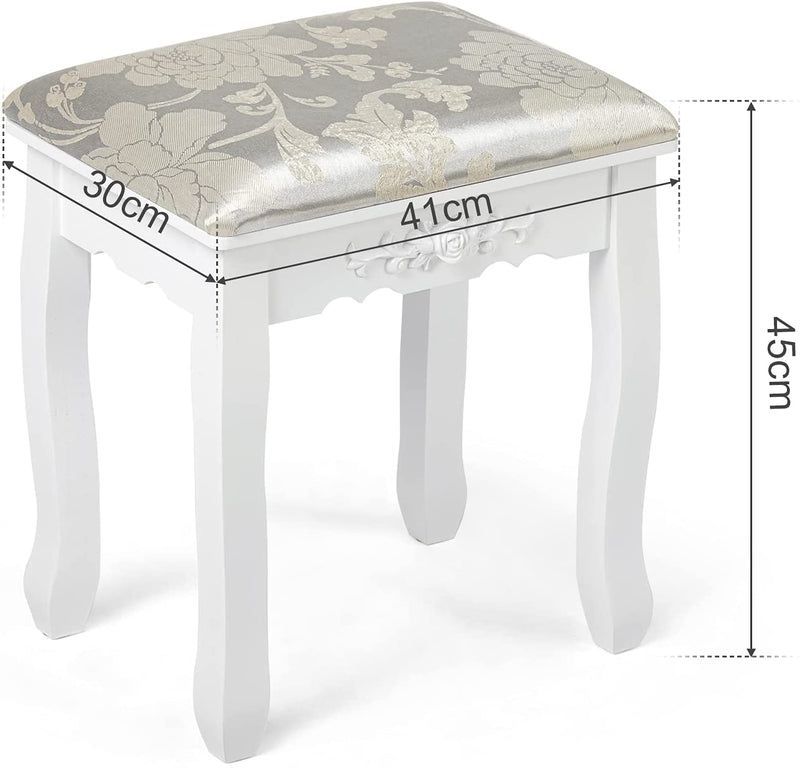 Dressing Table Stool, White Color, Padded Baroque Printing