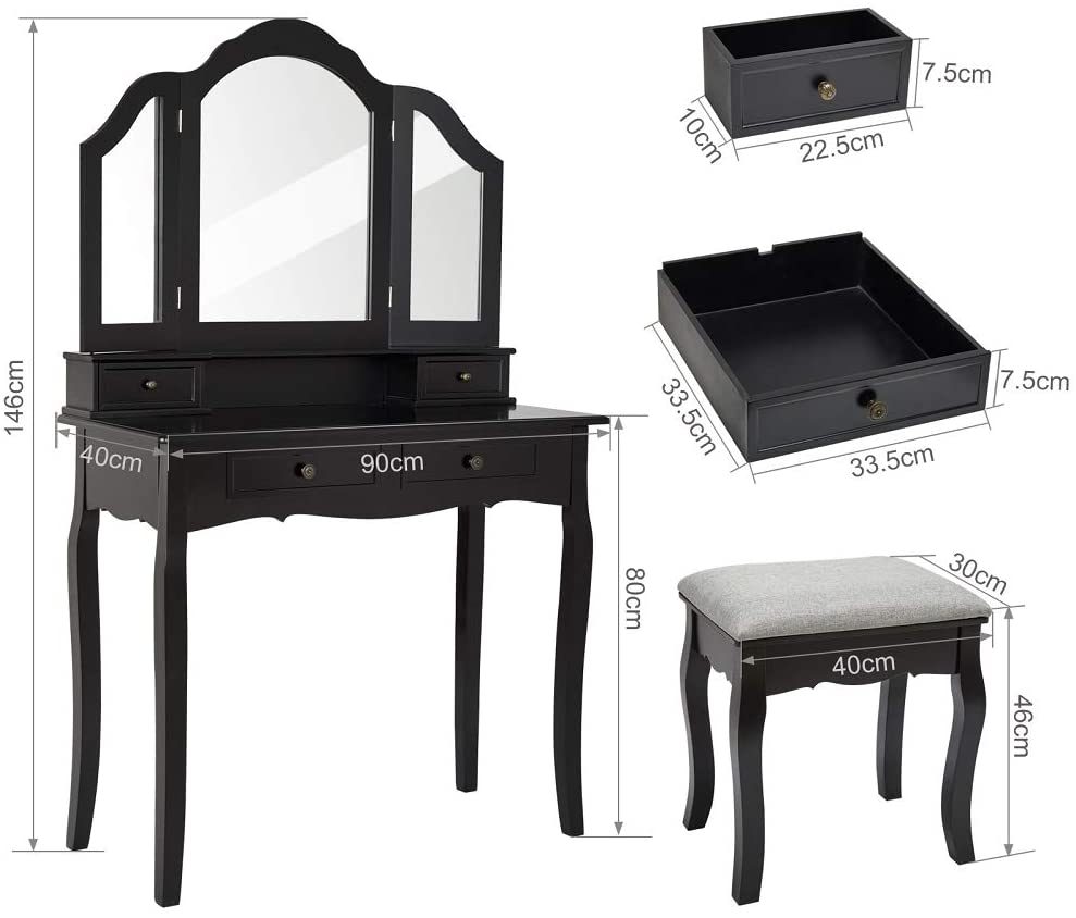 Meerveil Classic Schminktisch, schwarz/weiß, mit großem Spiegel, Schubladen und bedrucktem Hocker