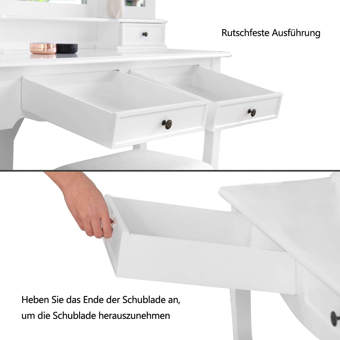 Meerveil Classic Schminktisch, schwarz/weiß, mit großem Spiegel, Schubladen und bedrucktem Hocker