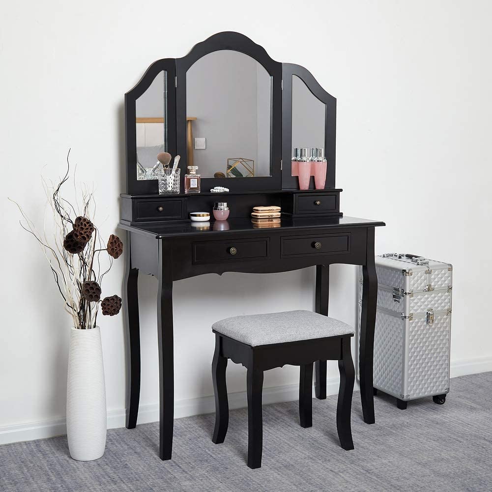 Meerveil Classic Schminktisch, schwarz/weiß, mit großem Spiegel, Schubladen und bedrucktem Hocker