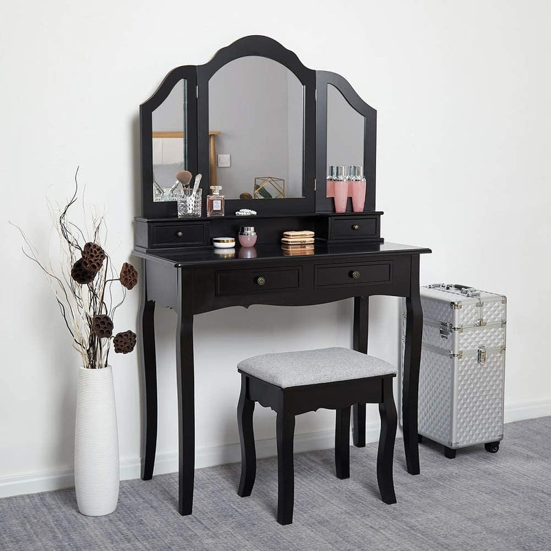 Coiffeuse classique Meerveil, couleur noir/blanc, offrant un grand miroir, des tiroirs et un tabouret imprimé
