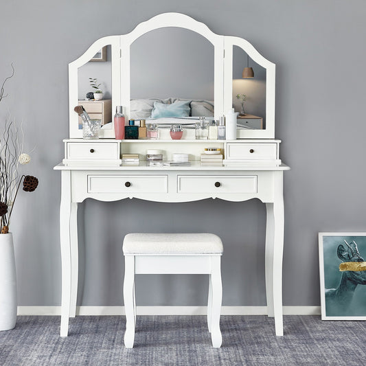 Classic Dressing Table, Black/White Color, Providing a Large Mirror, Drawers and Printed Stool