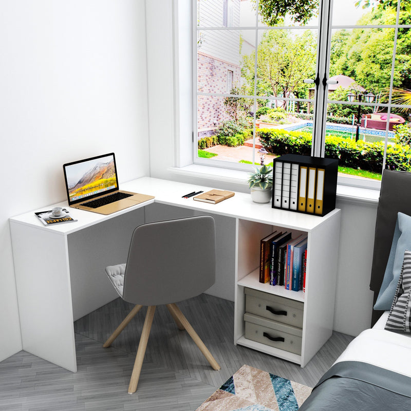 Meerveil L-förmiger Computertisch, Farbe Weiß/Schwarz, 2 Ablagefächer