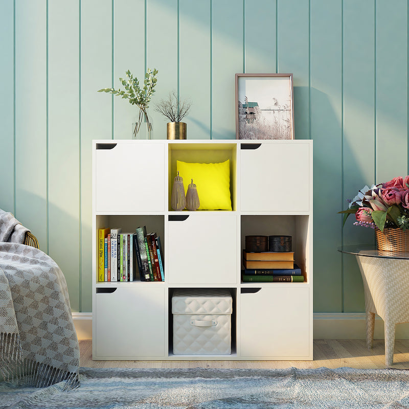 Modern Bookcase, 9 Opening Storage Cubes and Doors