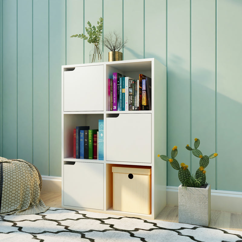 Bookcase,  White and Wood, Six Compartments with Three Doors