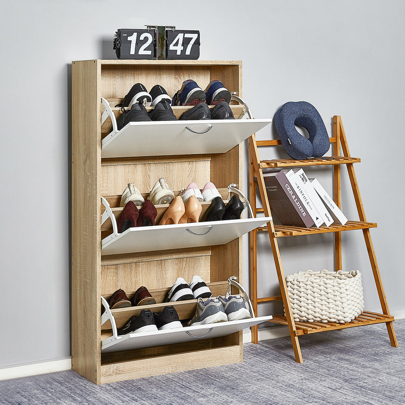 Modern Shoe Rack, Brown/Natural/White Color, 3 Drawer Flaps