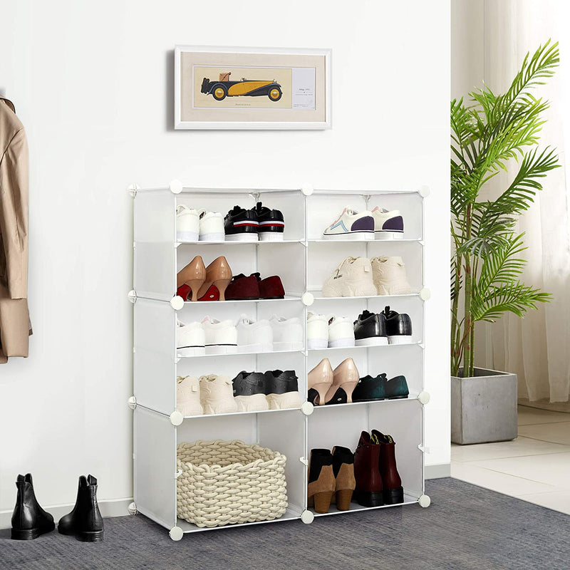 Meerveil DIY Étagère à chaussures multifonctionnelle en PP, 12 cubes, couleur noire / laiteuse