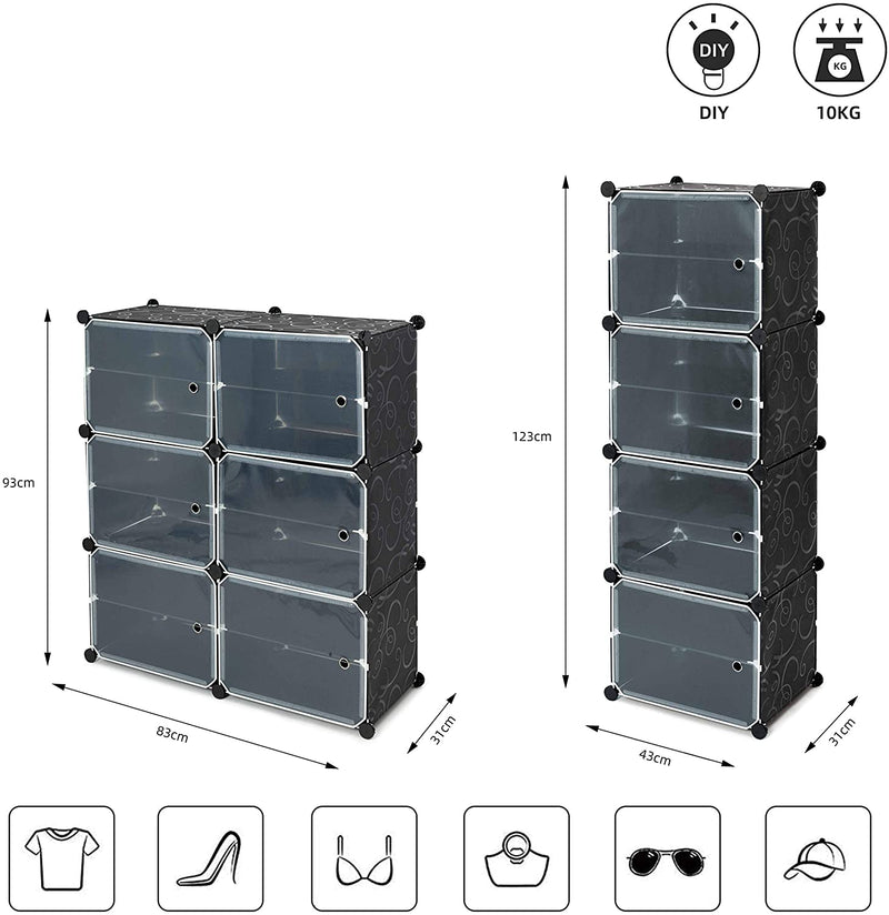 DIY Multi-functional PP Shoe Rack, 12 Cubes, Black / Milky Color