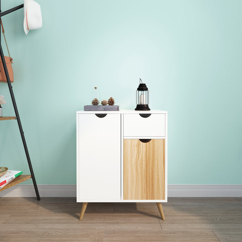 Modern Storage Cabinet, White and Oak Color Matching, 2 Doors and Single Drawer