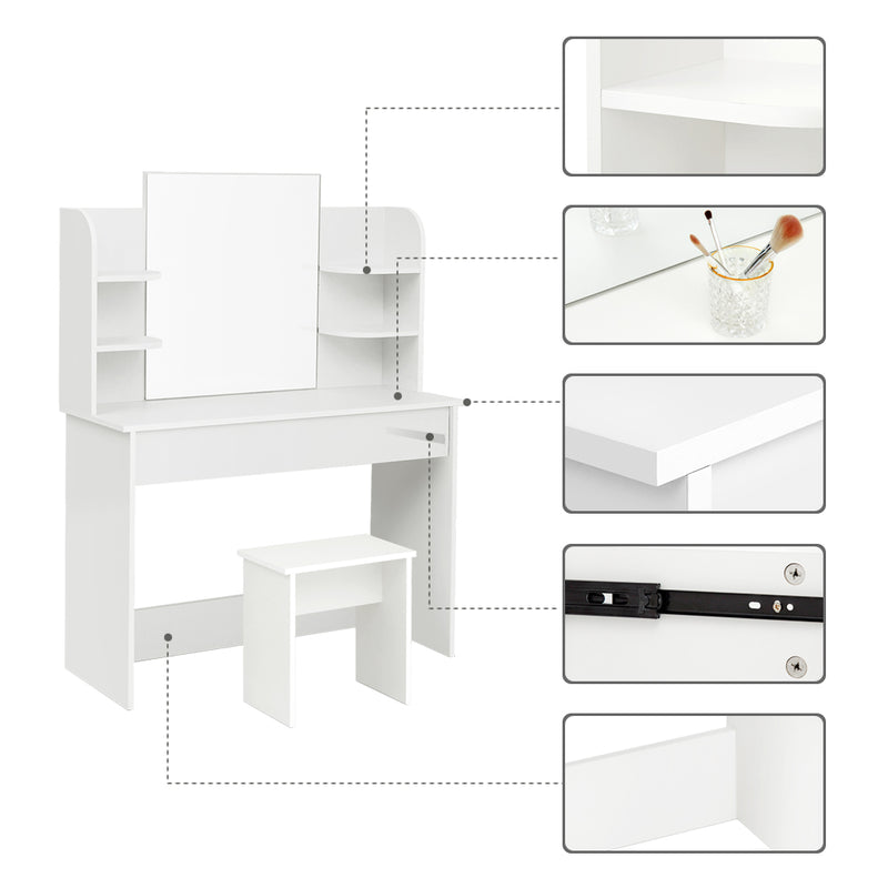 Meerveil Juego de tocador, color blanco, gran espacio de almacenamiento, espejo, cajón, taburete