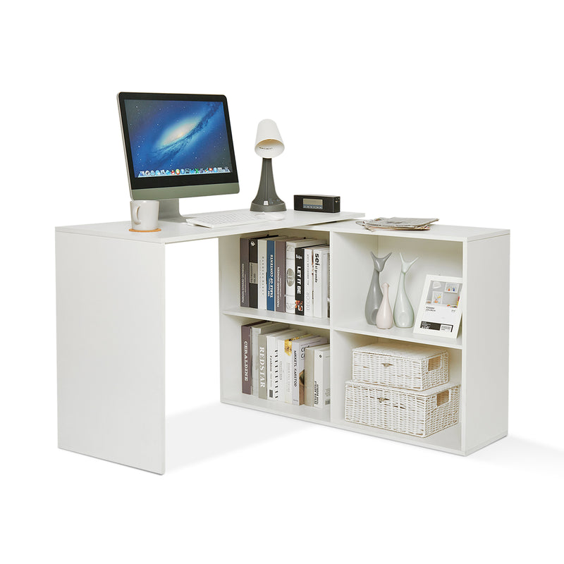 Meerveil L-förmiger Computertisch, Farbe Weiß/Schwarz, 4 Ablagefächer