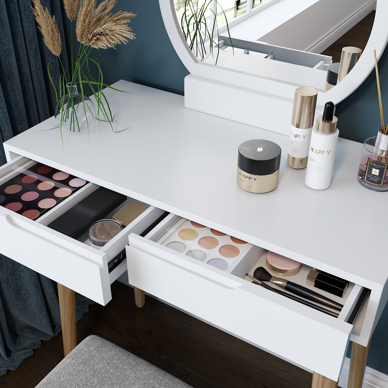 Dressing Table, White Color, with Round Mirror and Stool